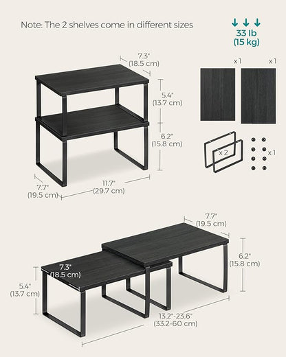 SONGMICS Cabinet Organizer Shelf, Set of 4 Kitchen Counter Shelves, Kitchen Storage, Spice Rack, Stackable, Expandable, Metal and Engineered Wood, Ink Black and Ebony Black UKCS027B01