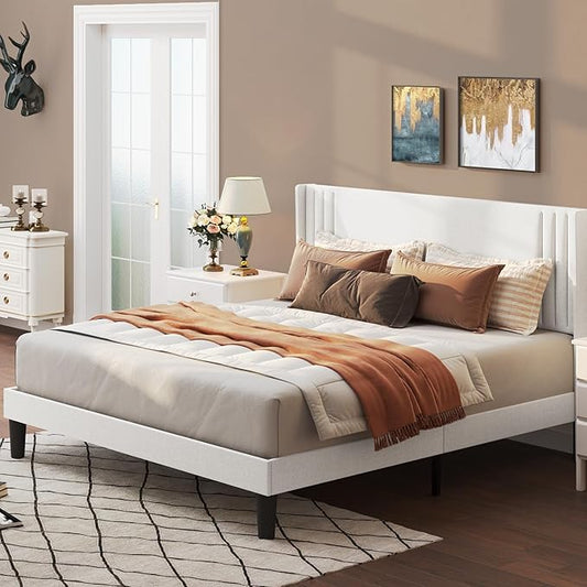 Gizoon Queen Bed Frame with Wingback Headboard, Upholstered Platform Bed with Modern Geometric Headboard, Wooden Slats, Noise-Free, No Box Spring Needed