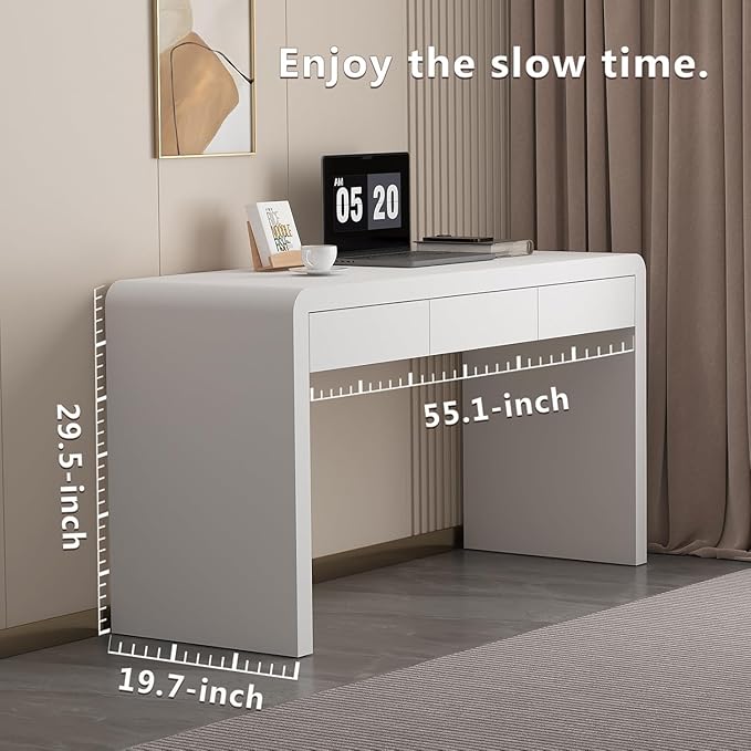Executive Desk with Drawers, White Computer Desk with Drawers with Three-Layer Lacquered Thick Wooden Board, 55 inch Modern Home Office Desk for Study, Living Room, Bedroom