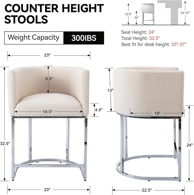 Contemporary Cream Linen Bar Stools Set of 3, 24" Upholstered Fabric Counter Height Barstools Kitchen Counter Island Stools with Screwed Together Chrome Finish Base
