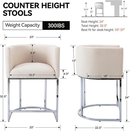 Contemporary Cream Linen Bar Stools Set of 2, 24" Upholstered Fabric Counter Height Barstools Kitchen Counter Island Stools with Screwed Together Chrome Finish Base