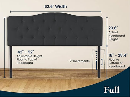 Naomi Home Cassandra Full Size Bed Headboard, Square Tufted, White Linen Fabric, Height Adjustable 42"-52", Metal Legs, Wall/Bed Mount