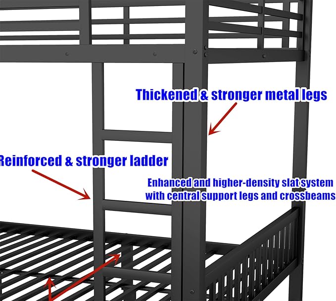 Stronger & Higher Quality Heavy Duty Steel Bunk Bed Queen Over Queen Size Bunkbed, Thickened Safer More Stable Metal Queen Bunk Bed Frame (Faster Assembly)