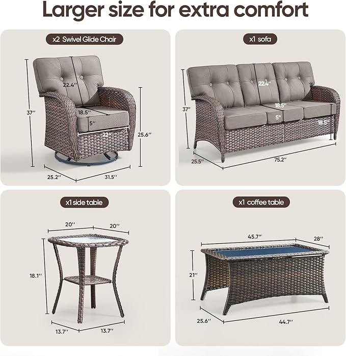 5-Piece Rotating Balcony Chair Set with 31-inch T-Shaped Wide backrest - Rattan Outdoor Rotating Balcony Chairs, Wide backrest Comfortable Outdoor Sliding Chair - Brown | Grey