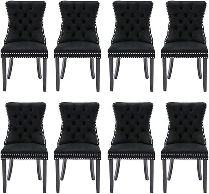Velvet Upholstered Dining Chairs Set of 8, Modern Style Kitchen Side Chairs with Nailhead Trim and Wood Legs,Metal Pulling Ring for Dining Room Living Room(Black)