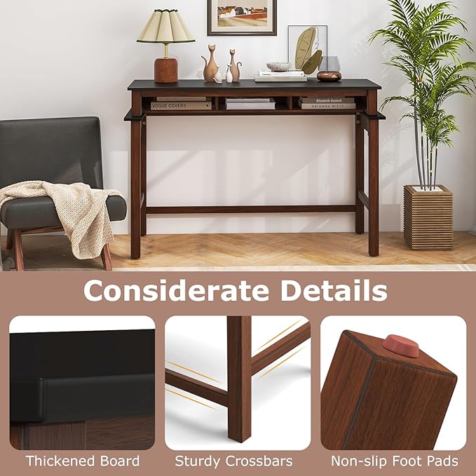 COSTWAY Bar Table with Charging Station, 36” Counter Height Table w/ 3 Storage Compartments, Power Outlets, Modern Farmhouse Console Table for Kitchen, Living Room, Entryway (Black + Walnut)