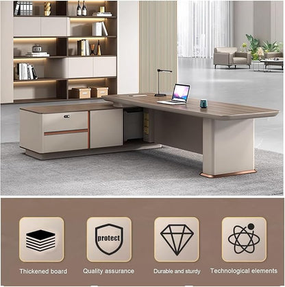 94IN L Shaped Executive Desk - Executive Office Desk with Side Cabinet & Grille Front Baffle & Embedded LED Strip & Mechanical Password Lock & Double-Layer Countertop & Gold Foot Pad