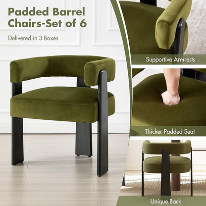 Modern Dining Chairs Set of 6, Upholstered Velvet Barrel Accent Chairs with Backrest & Arms, Wide and Thicker Padded Kitchen Side Chair with Wooden Legs for Dining Room, Livingroom, Dark Green