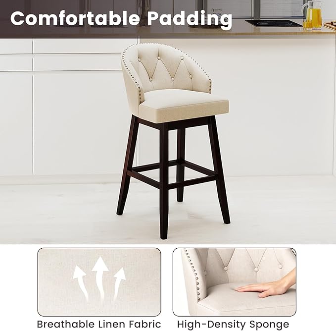 COSTWAY Bar Stools Set of 4, 31’’ Swivel Bar Stools with Rubber Wood Legs & Padded Back, Breathable Linen Fabric, Stylish Tufted Design & Rivet Decoration, Adjustable Foot Pads (4, Beige + Brown)
