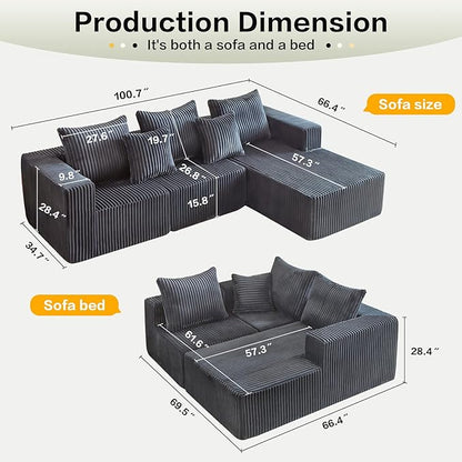 Boneless Couch, Memory Foam Couch in a Box, 100.7" Modular Sectional Couches Corduroy Fabric, Modern Sofa with Deep Seat, Compressed Sofa for Living Room, Bedroom (Grey, Right Facing Chaise)