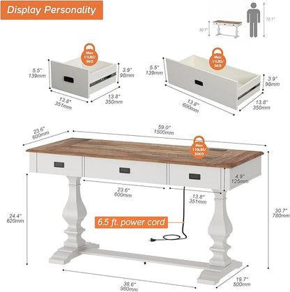 WAMPAT 60-inch Vintage Wood Home Office Desk with Stable Solid Wood Pedestral Legs, Tradional Rustic Writing Table Executive Desk with Deep Drawers and Power Outlets for Office,Study,Antique White