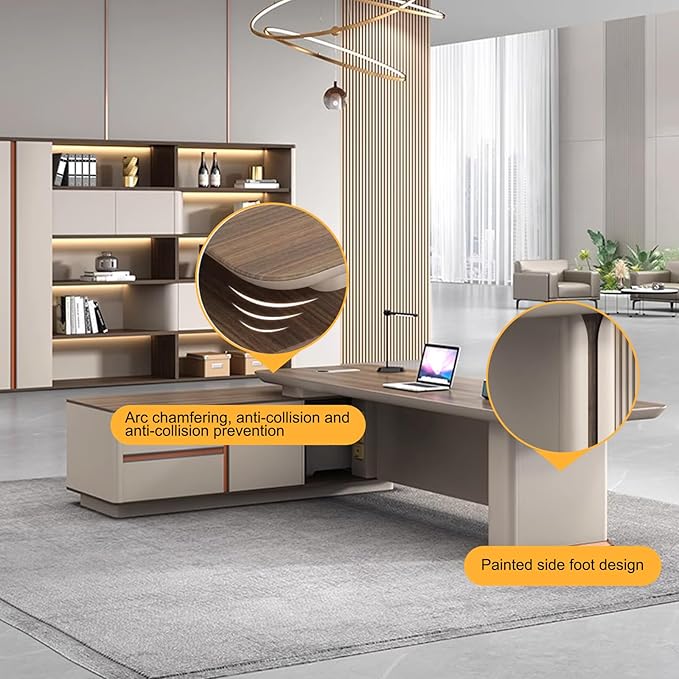 94IN L Shaped Executive Desk - Executive Office Desk with Side Cabinet & Grille Front Baffle & Embedded LED Strip & Mechanical Password Lock & Double-Layer Countertop & Gold Foot Pad