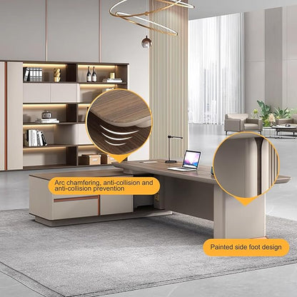 94IN L Shaped Executive Desk - Executive Office Desk with Side Cabinet & Grille Front Baffle & Embedded LED Strip & Mechanical Password Lock & Double-Layer Countertop & Gold Foot Pad