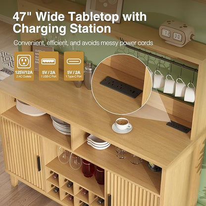 Fluted Buffet Cabinet with Storage, Modern Coffee Bar Cabinet with Outlet, Wine Rack, Cup Holder, Multi-Functional Accent Liquor Cabinet for Living Room, Entryway, Kitchen, Wood
