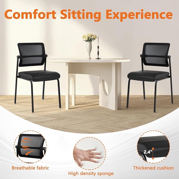 CLATINA Stacking Waiting Room Chairs, Adjustable Mesh Backrest Armless Office Guest Reception Chair with Ergonomic Lumbar Support and Leather Cushion for Conference Lobby Side School Classroom,4PK
