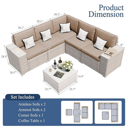 6-Piece Patio Furniture Set, Outdoor Extra Wide Armrest Modular Patio Sofa, Dual-Strand Rattan Wicker, Rust-Resistant Frame, Backyard High Back, Large Seat Furniture for Porch Garden Balcony, Khaki