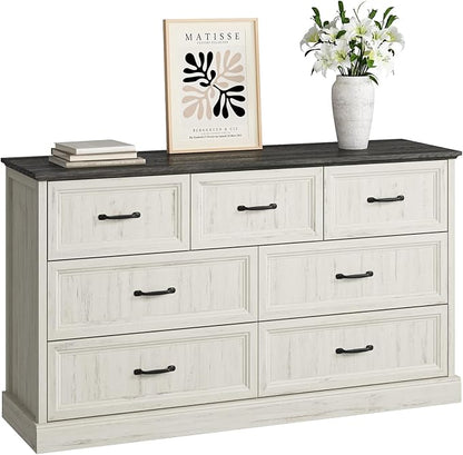 Farmhouse 7 Drawer Dresser for Bedroom, 55 Inch Wide Modern White Dresser TV Stand with Large Drawers & Bar Handles, Rustic Wood Chest of Drawers for Bedroom, Living Room