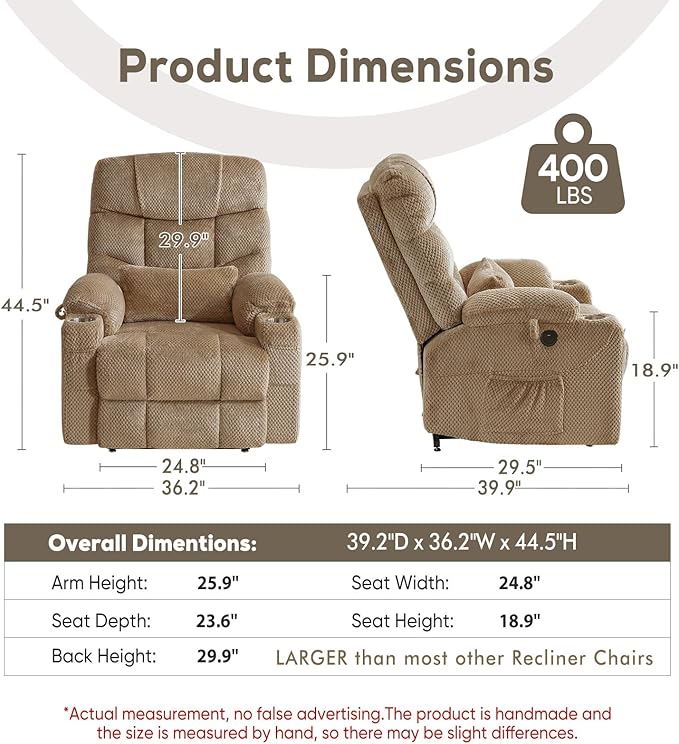 ABCASA Oversized Dual Motor Lay Flat Power Lift Recliner Chair with Massage, Heating, Lumbar Pillow, USB & Type-C Ports, Textile Lift Chairs Recliners, Large Recliner for Big & Elderly People - Beige