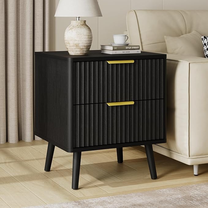 LYNSOM Fluted Dresser and Nightstand Sets 4 Piece, 2-Drawer Nightstands and 5/6 Drawers Dresser, Wood Bedroom Furniture Set for Home, Bedroom, Hallway, Black