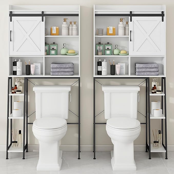 Over The Toilet Storage Cabinet, Farmhouse Storage Cabinet Over Toilet with Sliding Barn Door,Home Space-Saving Toilet Rack, for Bathroom, Restroom, Laundry.(White)