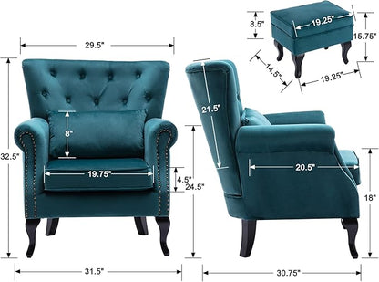 chairus Mid-Century Modern Accent Chairs with Ottoman Set of 2, Comfy Velvet Single Sofa Chair Button Tufted Wingback Armchairs with Pillow for Living Room/Bedroom/Club - Teal
