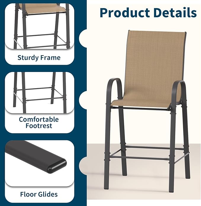 Amopatio Outdoor Bar Stools Set of 2,Comfortable High Back Patio Bar Chairs,All-Weather Sturdy Bar Height Outdoor Chairs for Porch, Backyard, Brown
