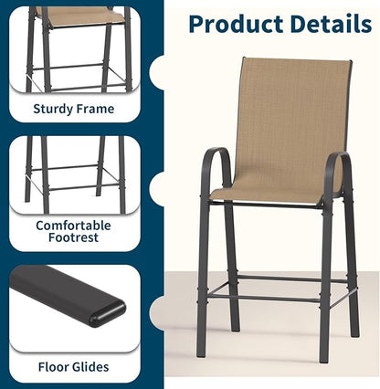 Amopatio Outdoor Bar Stools Set of 2,Comfortable High Back Patio Bar Chairs,All-Weather Sturdy Bar Height Outdoor Chairs for Porch, Backyard, Brown