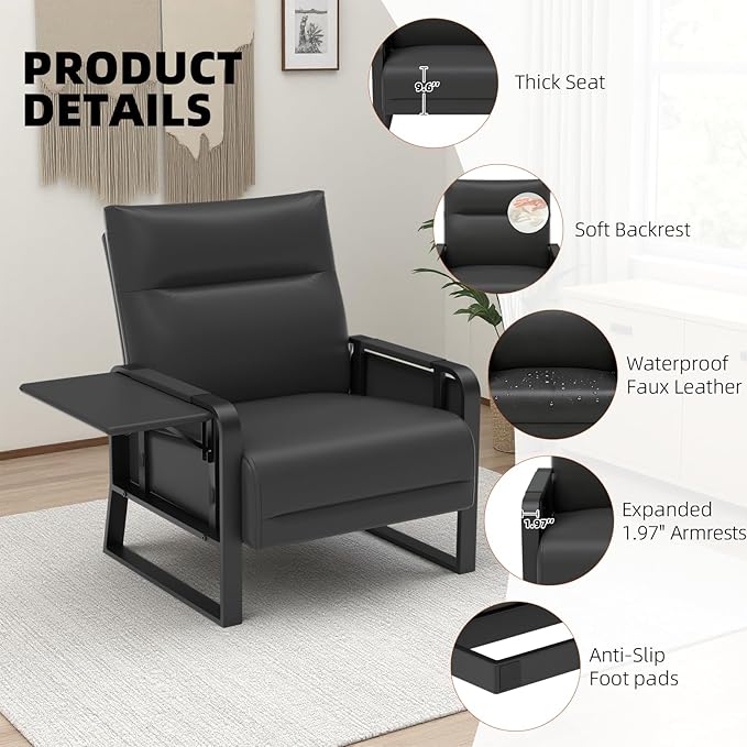 Upholstered Accent Chairs Set of 2, Modern Faux Leather Sofa Chairs with Foldable Side Tray Table & Storage Pocket, Small Accent Sofas for Living Room, Bedroom, Black