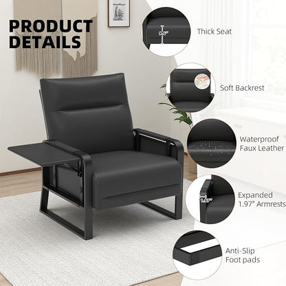 Upholstered Accent Chairs Set of 2, Modern Faux Leather Sofa Chairs with Foldable Side Tray Table & Storage Pocket, Small Accent Sofas for Living Room, Bedroom, Black