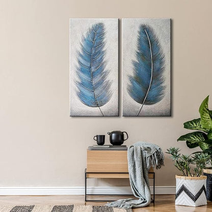 Wieco Art Blue Feathers Abstract Paintings Wall Art on Canvas Mordern Canvas Wall Art for Living Room Bedroom Wall Decor Contemporary Artwork for Home Decorations