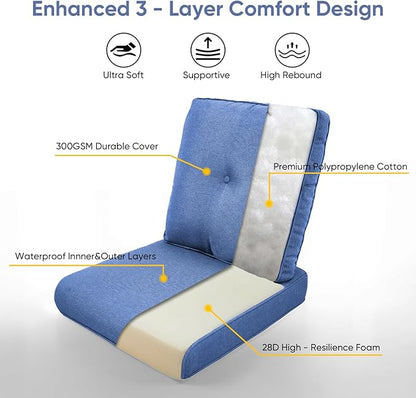 10-Piece Outdoor Patio Cushion Set - Fade & Water Resistant with Removable Olefin Cover, 22x24x4 Inch Memory Foam Cushions for Wicker Sectional Sofa – Blue/Buckle