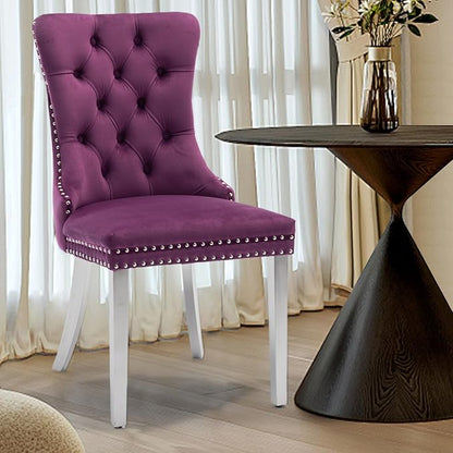 Velvet Upholstered Dining Chairs Set of 4, Modern Kitchen Side Chairs with Nailhead Trim and Silver Plated Leg, Metal Pulling Ring for Dining Room Living Room(Purple-Silver Plated Leg)