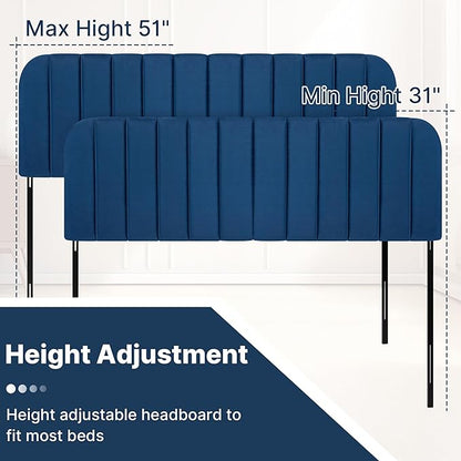 Upholstered Headboard - Striped Interval - Adjustable Height - Metal Legs - Bed Frame (Blue, King (U.S. Standard))