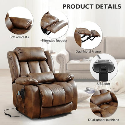 EDILLY Extra Large Power Lift Recliner Chairs for Elderly,Infinite Position Lay Flat Dual Motor Recliners Chair,with Heating and Massage, Breathable Leather,USB Ports and Remote Control(Orche)