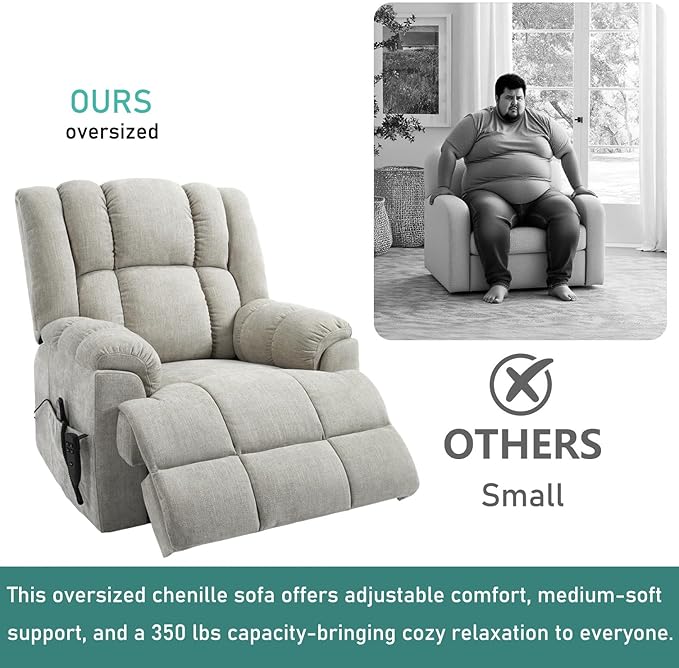 Power Lift Recliner Chair for Elderly, Oversized Chenille Electric Recliners Chairs for Living Room, Dual Motor 180° Lay Flat Recliner Big Sofa with Massage and Heating, Heavy-Duty, Beige