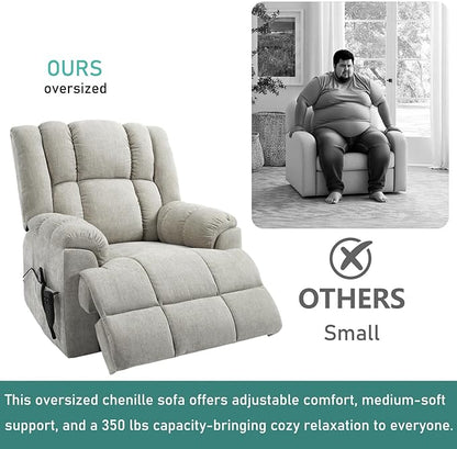 Power Lift Recliner Chair for Elderly, Oversized Chenille Electric Recliners Chairs for Living Room, Dual Motor 180° Lay Flat Recliner Big Sofa with Massage and Heating, Heavy-Duty, Beige