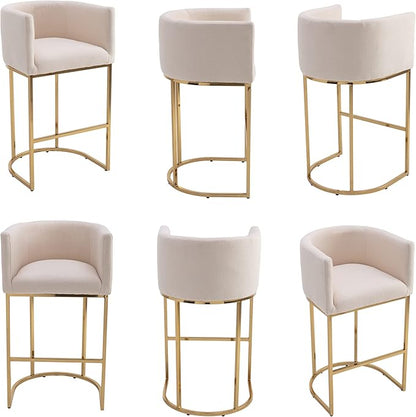 Contemporary Cream Linen Bar Stools Set of 4, 32" Upholstered Fabric Counter Height Barstool Kitchen Counter Island Stools with Golden Metal Base