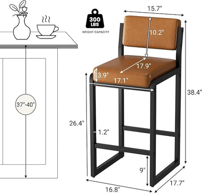 Counter Stools Set of 2, Faux Leather Bar Height Stools with High Back and Metal Legs, Upholstered Bar Chairs, 26" Modern Barstools for Kitchen Island, Caramel