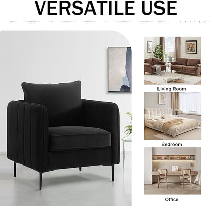 Velvet Accent Chair, Comfy Upholstered Single Sofa Chair Mid-Century Modern Armchair with Thick Cushion and Wood Frame Side Chair for Living Room Bedroom Apartment (Black)