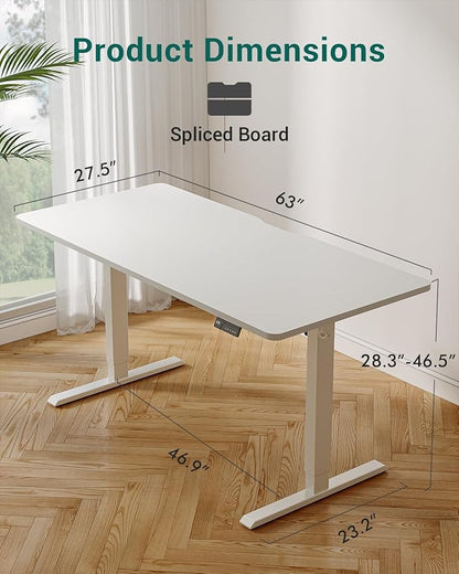 CubiCubi Height Adjustable Electric Standing Desk, 63 x 28 Inches Sit Stand up Desk, Large Memory Computer Home Office Desk with Two-Piece Desktop (White)