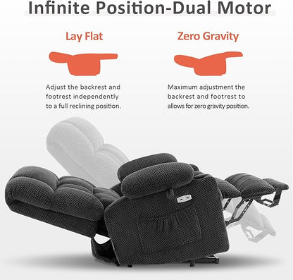 MCombo Dual Motor Large Power Lift Recliner Chair for Elderly, Lay Flat Lift Chair with Heat and Massage, Big Lift Recliner for Tall People, Cup Holders, Fabric 7896 (Large, Dark Gray)