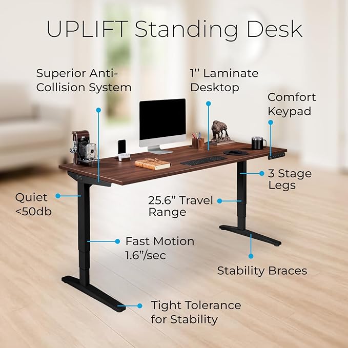 UPLIFTDESK V2 2-Leg Black Laminate Wood Standing Desk – Adjustable Height, Advanced 1-Touch Memory Keypad, Under Desk Cable Management, Wire Grommets & Rocker Board (Black C-Frame, 60 x 30 inch)