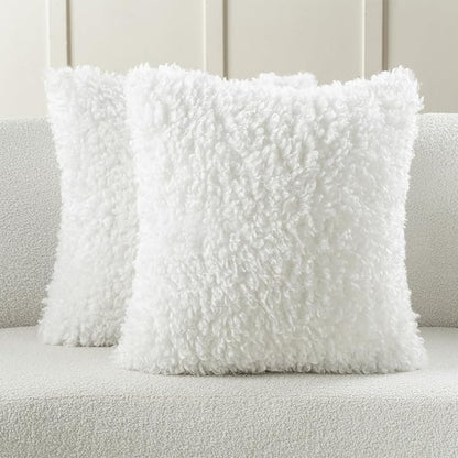 FUTEI Cream White Decorative Throw Pillow Covers 26x26 Inch Set of 2,Soft Fluffy Faux Wool Fur Boucle Textured Euro Pillow Shams,Modern Home Decor for Couch Bed Living Room Office