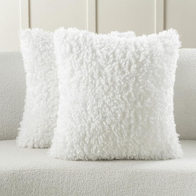 FUTEI Cream White Decorative Throw Pillow Covers 18x18 Inch Set of 2,Soft Fluffy Faux Wool Fur Boucle Textured Cushion Case,Modern Home Decor for Couch Bed Living Room Office