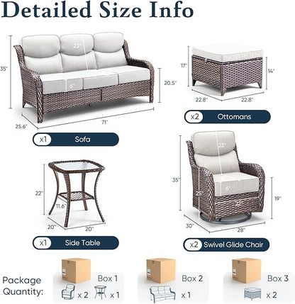 Belord Luxury 6" Thick Cushioned 6 Pieces Patio Furniture Set with Outdoor Couch, Wicker Outdoor Conversation Set with High Back Swivel Rocker Chairs for Deck Porch Yard and Poolside - Brown+Beige