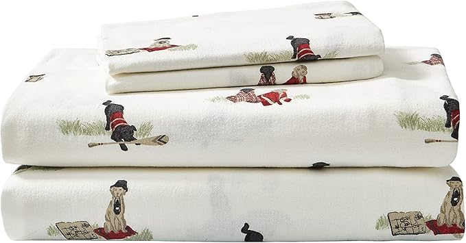 Eddie Bauer - Flannel Sheets Twin Size, Anti-Pilling & Wrinkle Resistant Cotton, Touchably Soft for All-Season Comfort - Bed Sheets with Matching Pillowcases & Fitted Sheet (Retriever Adventure Ivory)
