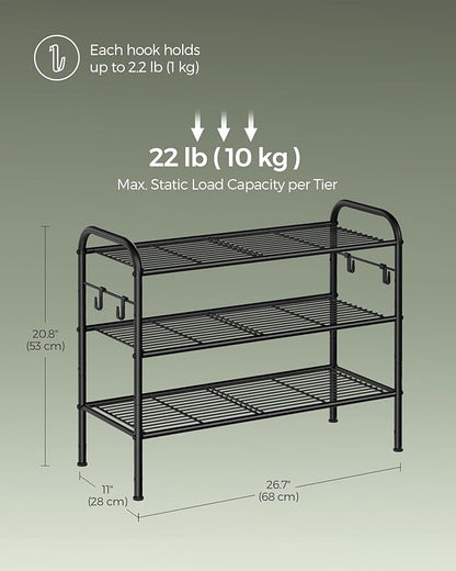 SONGMICS Shoe Rack, 3-Tier Shoe Organizer, Metal Shoe Shelf Storage with 4 Side Hooks, Holds 12 Pairs of Shoes, Height-Adjustable Shoe Rack for Entryway, Hallway, Closet, Easy Assembly, Ink Black