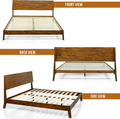 Acacia Serenity Bed Frame with Headboard Solid Wood Platform Bed, Queen Bed Frame, Tall Headboard Wood Bed Compatible with All Mattress Types, No Box Spring Needed, Quick & Easy Assembly, Caramel
