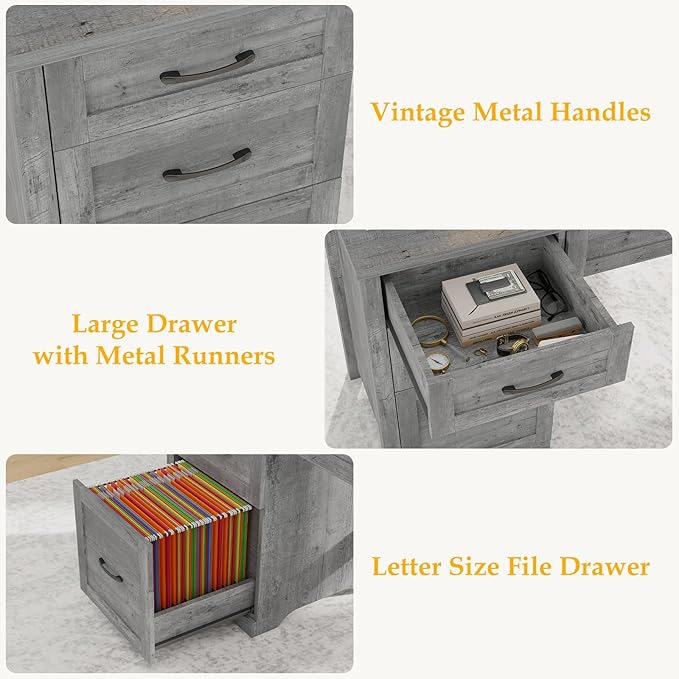 Vabches Farmhouse 47" Executive Desk with File Drawer, Wood Computer Desk with 3 Storage Drawers, Workstation for Home Office, Study, Writing(Grey)