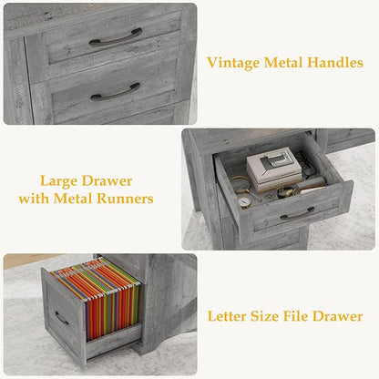 Vabches Farmhouse 47" Executive Desk with File Drawer, Wood Computer Desk with 3 Storage Drawers, Workstation for Home Office, Study, Writing(Grey)